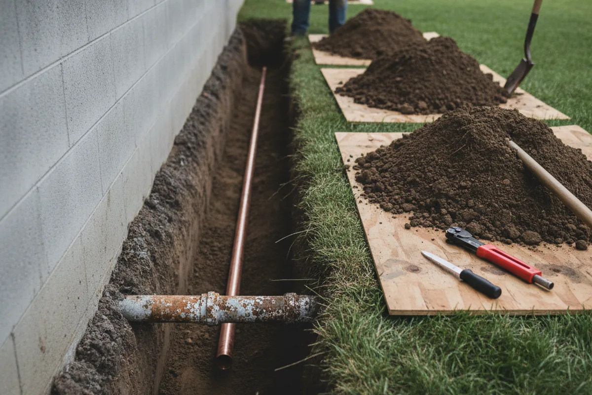 Excavated water line trench during Water Softener Installation in Morrisville